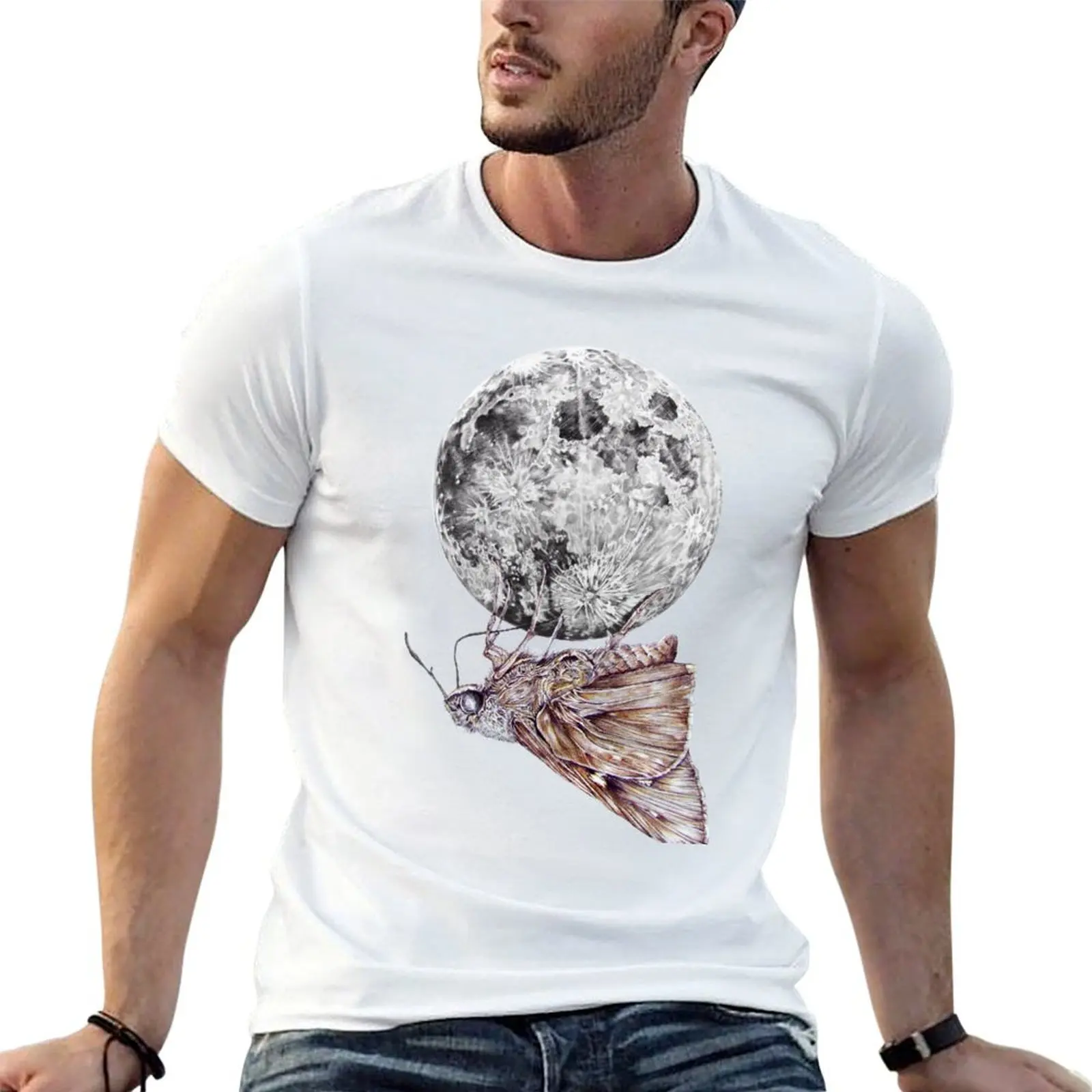 In which a moth is enticed by the light of the moon T-Shirt Fashion Graphic Tee for Men