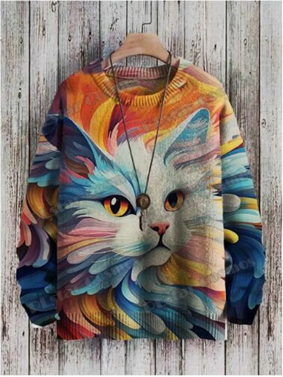 

Abstract Art Cat Multicolor Pattern 3D Printed Men's Crewneck Knitted Pullover Winter Unisex Casual Knit Pullover Sweater Y0002