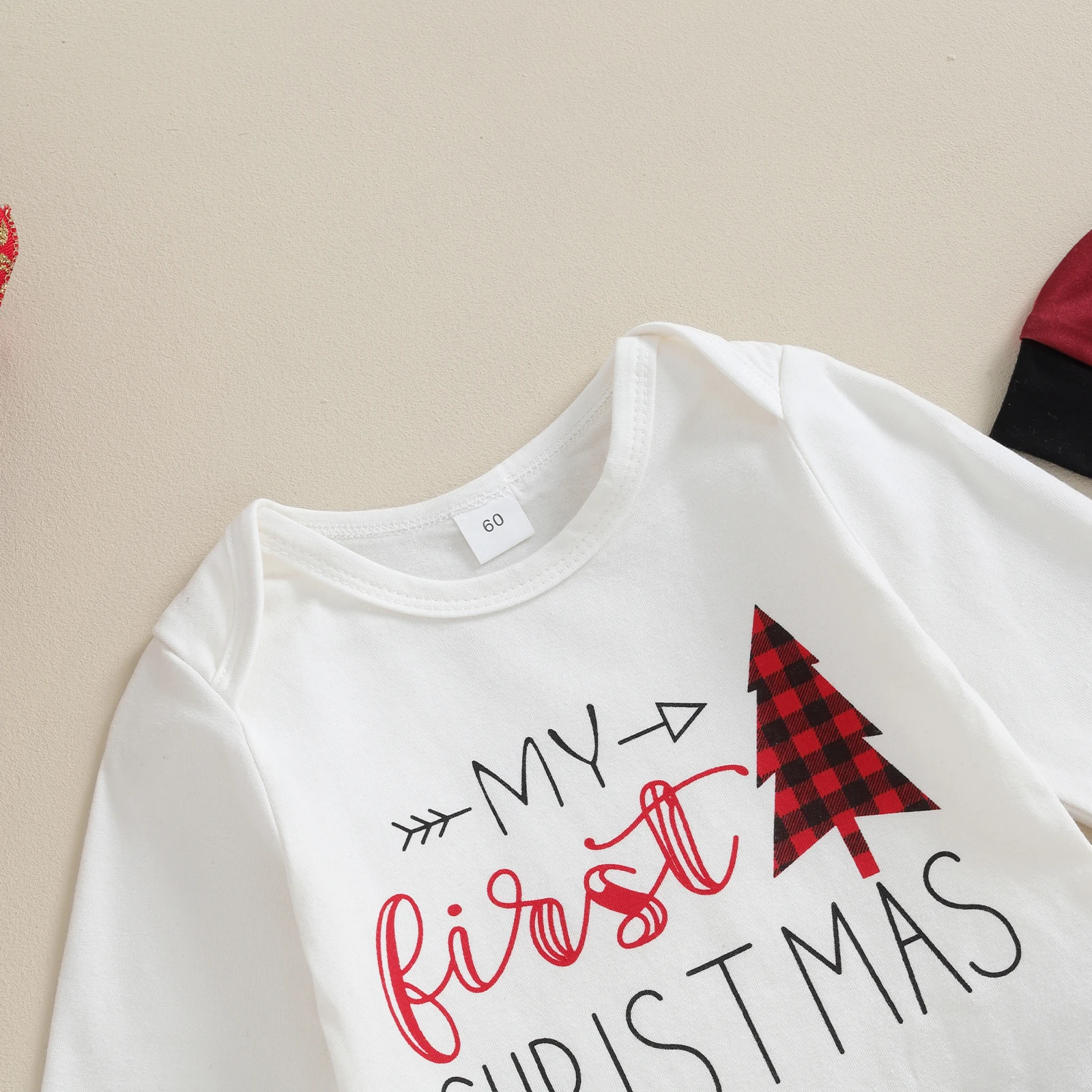 

Baby Christmas Outfits Long Sleeve Romper Plaid Print Pants Hat Set Infant Clothes
