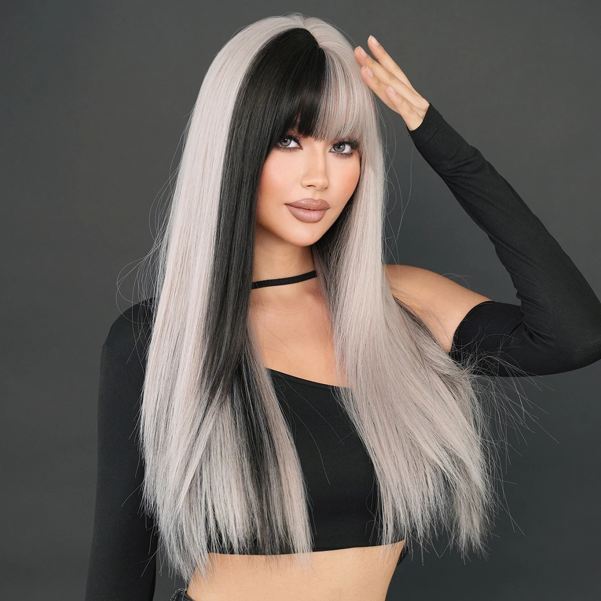 NAMM Long Body Straight Silver Ash Hair Wig With Bangs For Women Daily Party High Density Hair Ombre Wigs Heat Resistant Fiber