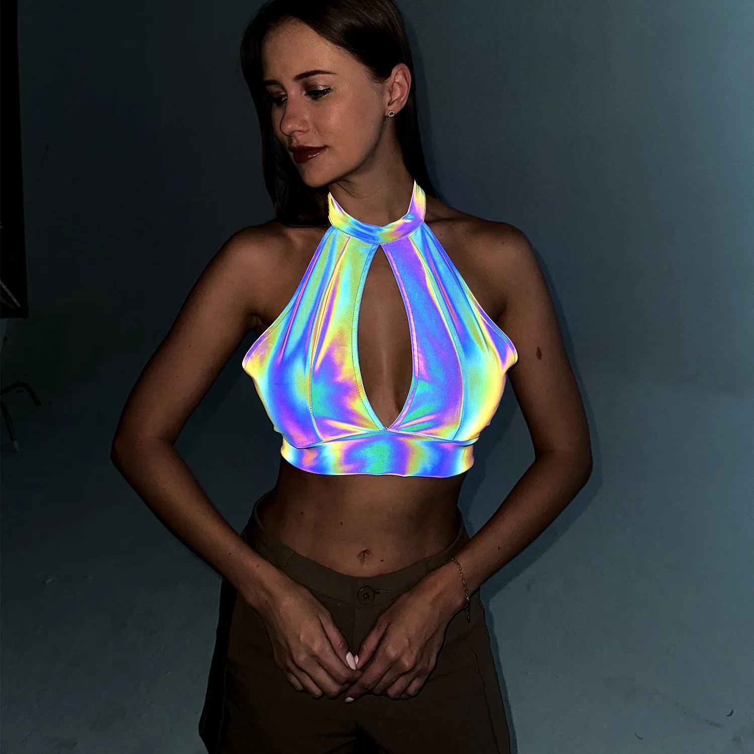 

Holographic Reflective Halter Crop Top Women Rave Outfit Cut out Festival Party Club Wear Festival Streetwear Pole Dance Costume