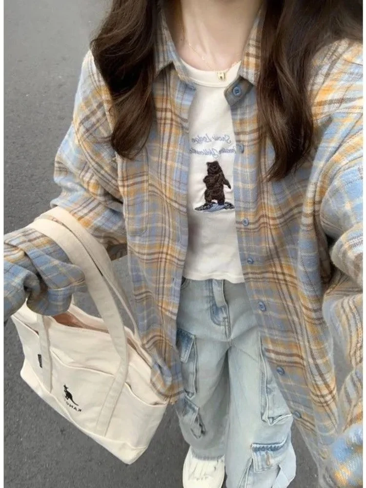 Korean Vintage Striped Women Shirt Oversize Long Sleeve Polo-neck Single Breasted Thin Woman Blouse Office Lady Outwear Camisas