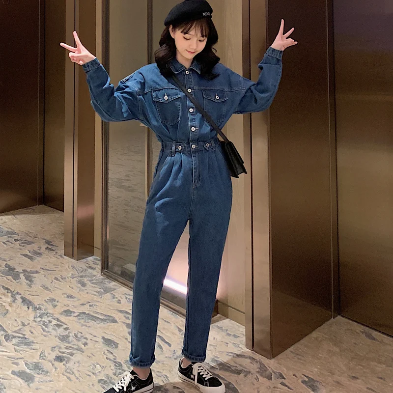 Mono vaquero coreano Sle de cintura alta para mujer, pantalones informales para estudiantes, corte holgado de fibra de poliéster