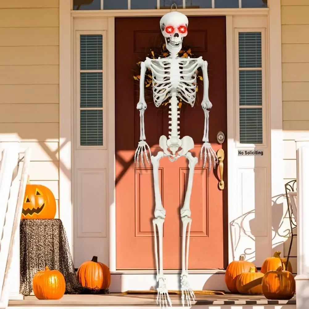 Human Skeleton, Full Size Skeleton with Posable Joints Glowing Eyes Skeleton for Halloween Party Outdoor Haunted House Decor