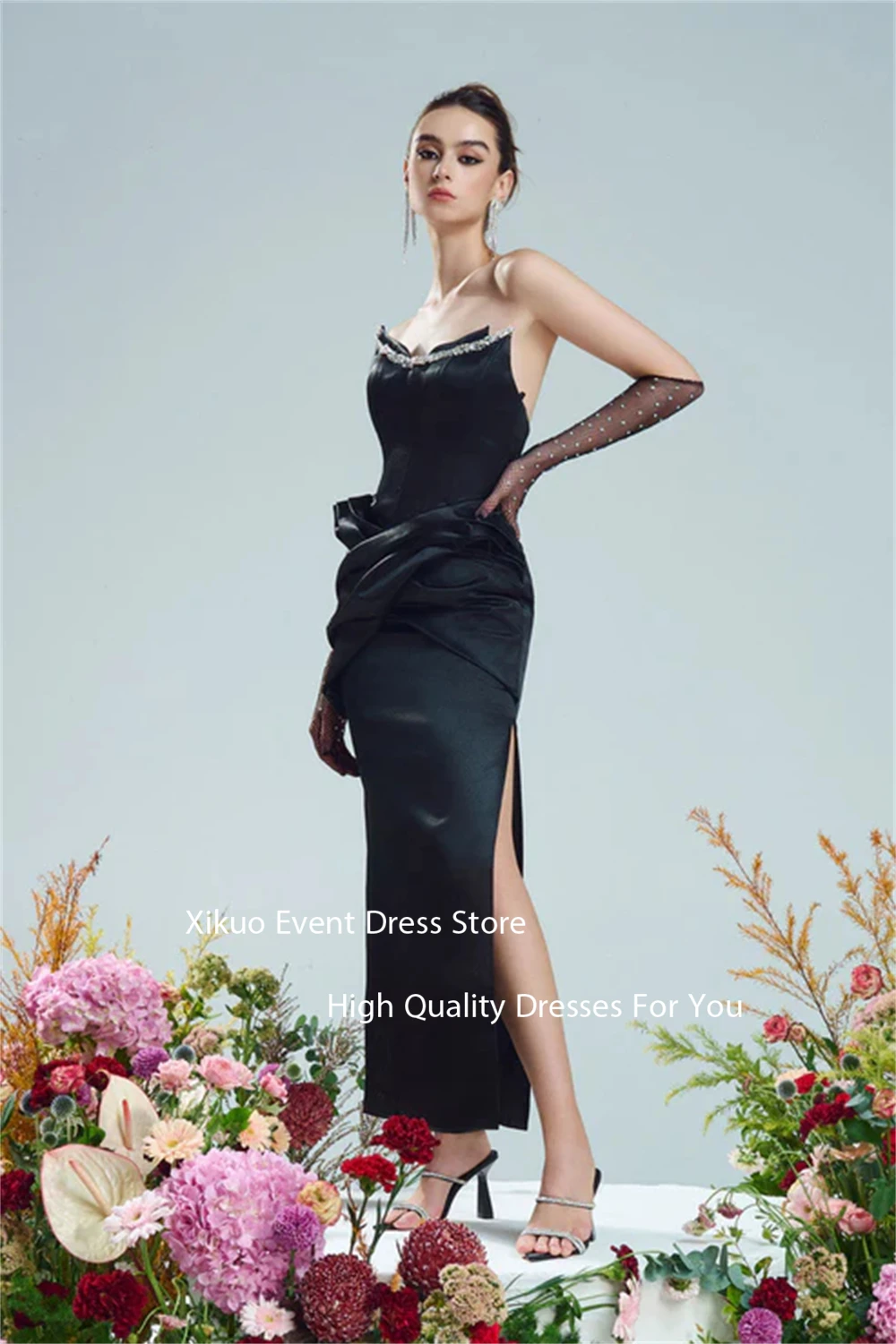 فساتين سهرة Xikuo كريستال سوداء بفتحة مستقيمة من Vestidos De Gala بطول الكاحل مكشكشة فساتين المشاهير حسب الطلب