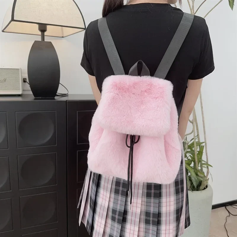 Solid Color Fake Fur Women\'s Backpack Fashion Large Capacity Plush Female Double Shoulder Bag Winter Girls Furry Tote Schoolbags