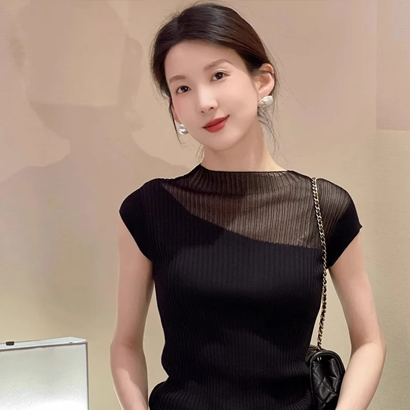 Semi-Transparent Black Silk Knitted Top Short Sleeve Women Summer High-End Ice Silk Shoulder-Length Sleeveless Thin T-Shirt