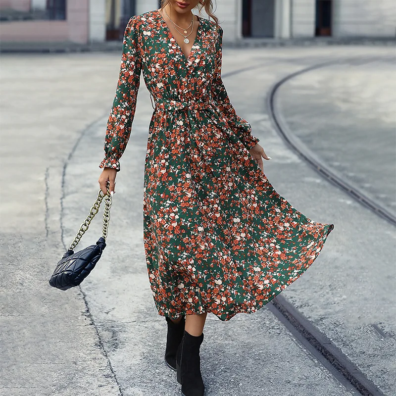 

2024 New Women's Green Floral Waist Slim Dress Retro Print Lantern Long Sleeve V-neck Temperament Commuting Fashion Dress