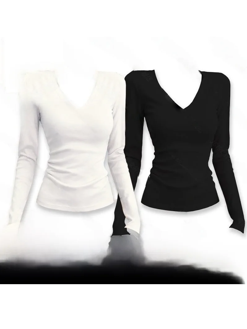 Women's Long Sleeve V-Neck T-Shirt 95 Cotton Base Shirt plus Size Slim Fit Inner Wear Versatile Shoulder Level Top