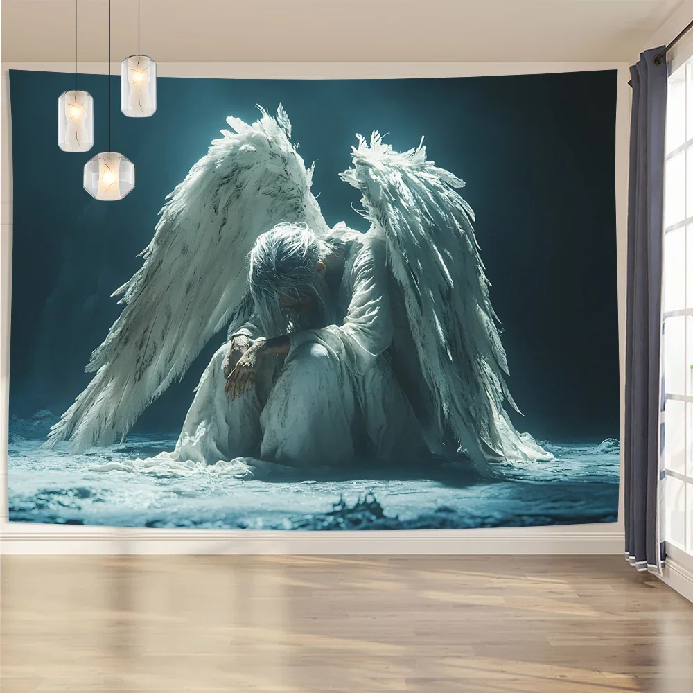 1 Pc Gorgeous Polyester Angel Wall Tapestry Peach Light Beige Fabric Horizontal Serene Angel Design Lightweight Durable