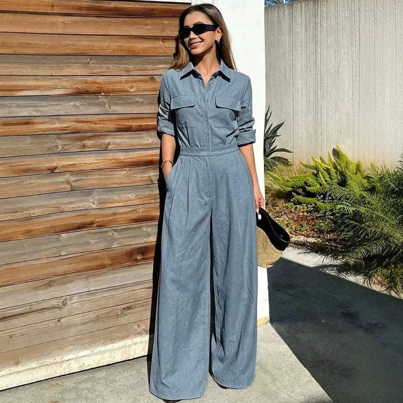2026Women's Solid Color Mid-sleeve Shirts Two-piece Set Spring Autumn New New Fashion Elegant Waisted Lace-up Wide-leg Pant Sets