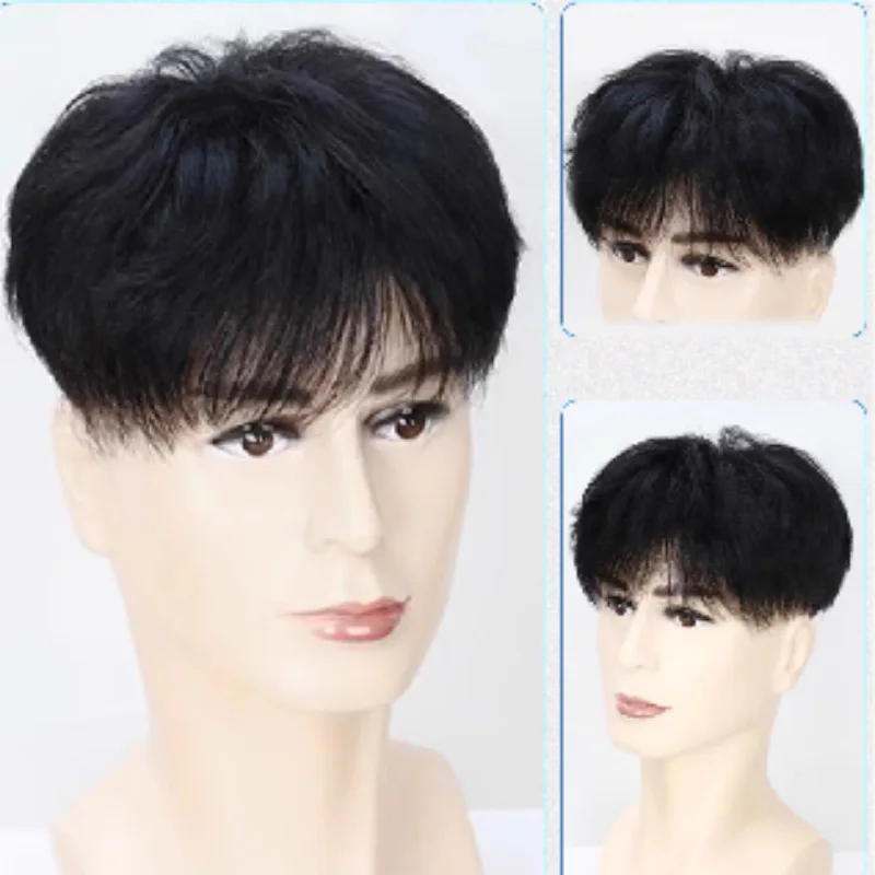 الرجال الشعر البشري الحرير أعلى الباروكات الطبيعية الأسود شعر مستعار مستقيم لأقل أو لا الشعر الذكور نظام استبدال مريح وتنفس