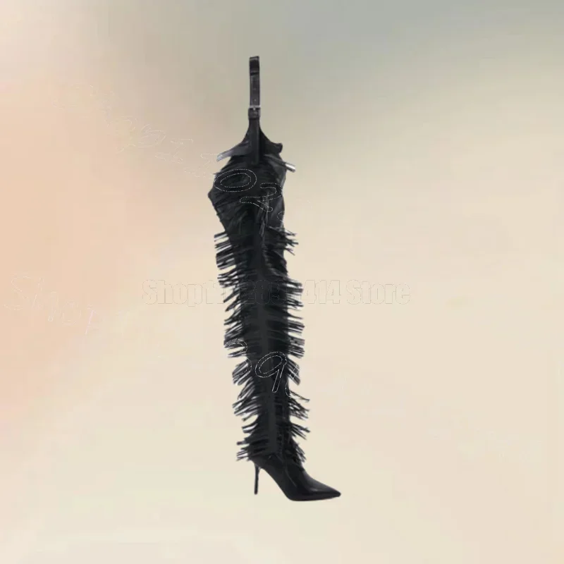 

Black Tassels Belt Fastener Pointed Toe Pant Boots Belt Strap Women Shoes Thin High Heels Party Dating 2026 Zapatos Para Mujere
