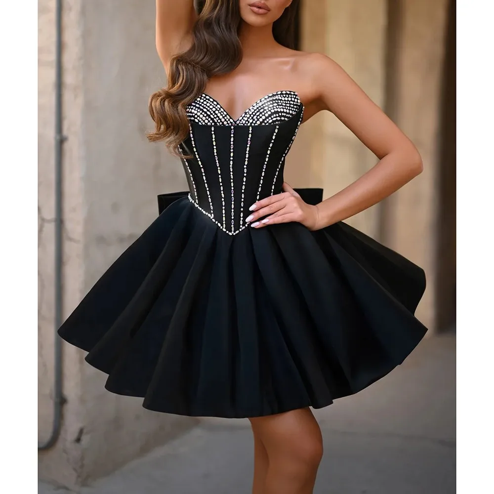 

Custom Made Sweetheart Collar Princess Pleated Beading Cocktail Dress A-line Glitter Short Mini Backless Bow Prom Dress