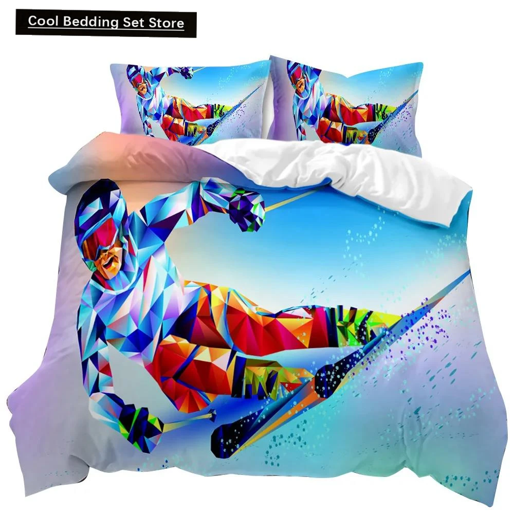 Skiing Duvet Cover Set Snow Mountain Comforter Cover Extreme Sports Game Polyester Quilt Cover Snowboard Double Queen King Size