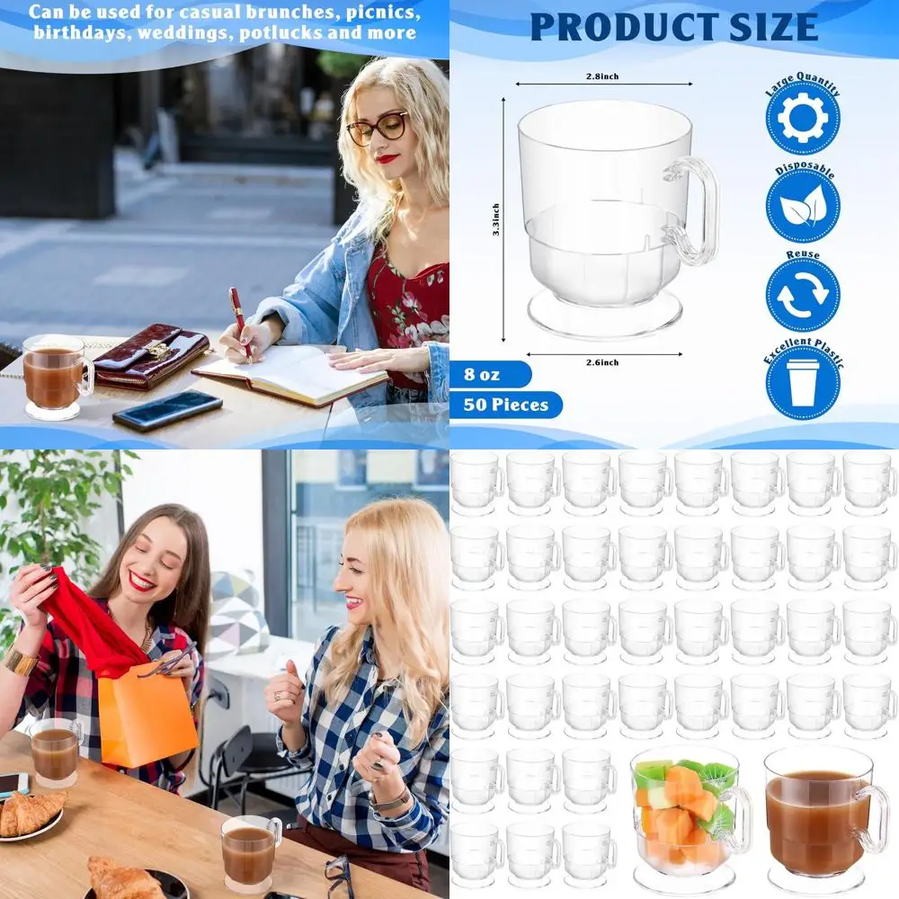 

8 oz Clear Plastic Coffee Cups with Handle, Disposable Reusable Mugs for Tea Parties, School, Crafts, Birthdays, and Desserts -