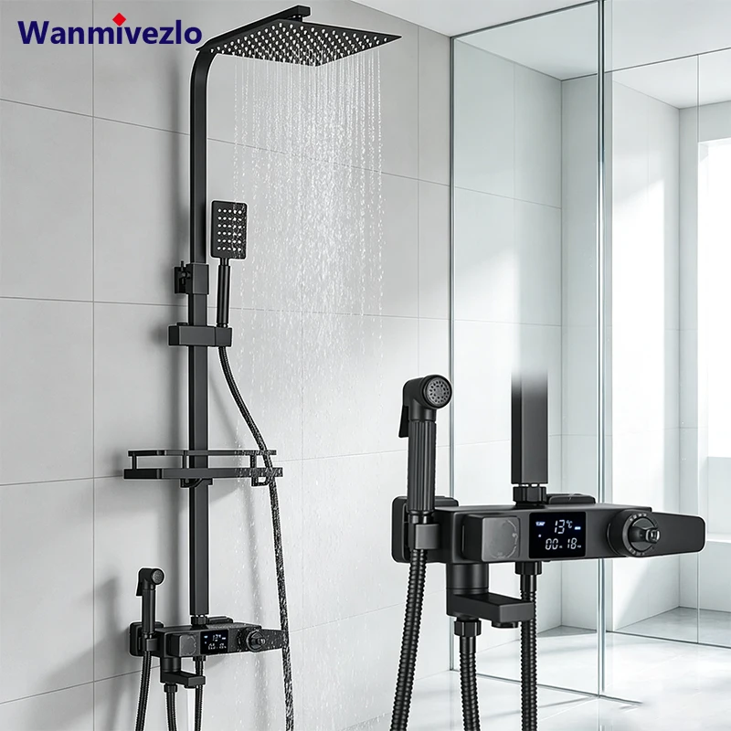 Système de douche thermostatique, affichage numérique LED, pommeau de douche carré à 3 fonctions avec douchette et pulvérisateur bidet, ensemble de robinetterie de douche murale avec étagère de rangement