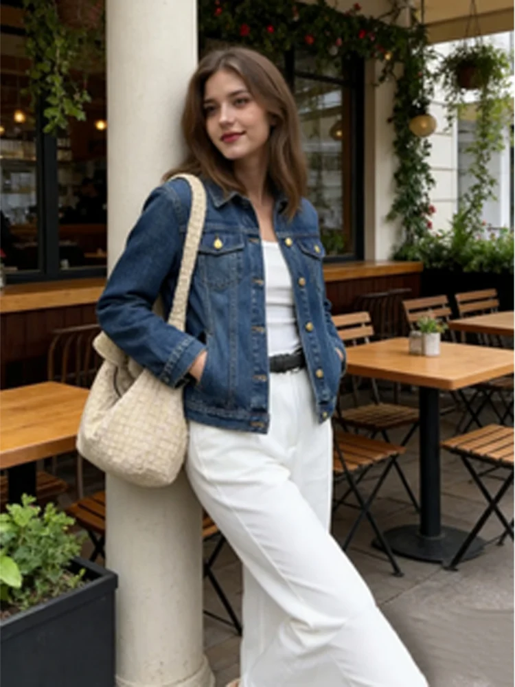 

Джинсовая куртка с контрастным вельветовым воротником, женская повседневная однобортная куртка с длинными рукавами и лацканами с карманами, женская весенняя уличная одежда