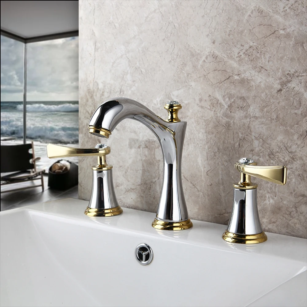 OUBONI Matte Black Golden Bathroom Faucet Deck Mount Stream 2 Diamond Handles Chrome Brass 3 Pcs Bathtub Basin Mixer Tap Faucet