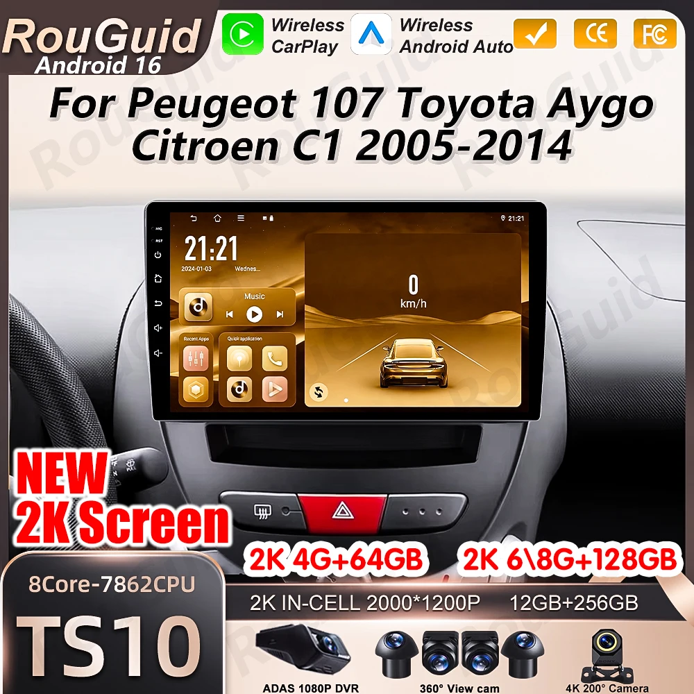 

Android Auto Car Radio For Peugeot 107 Toyota Aygo Citroen C1 2005 - 2014 Carplay Multimedia Car Stereo 2K Screen GPS Navigation