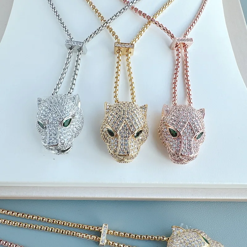 Designer Collection Style Bracelet Necklace Inlaid Cubic Zircon Green Eyes Leopard Panther Dinner Party Long Chain Jewelry Sets