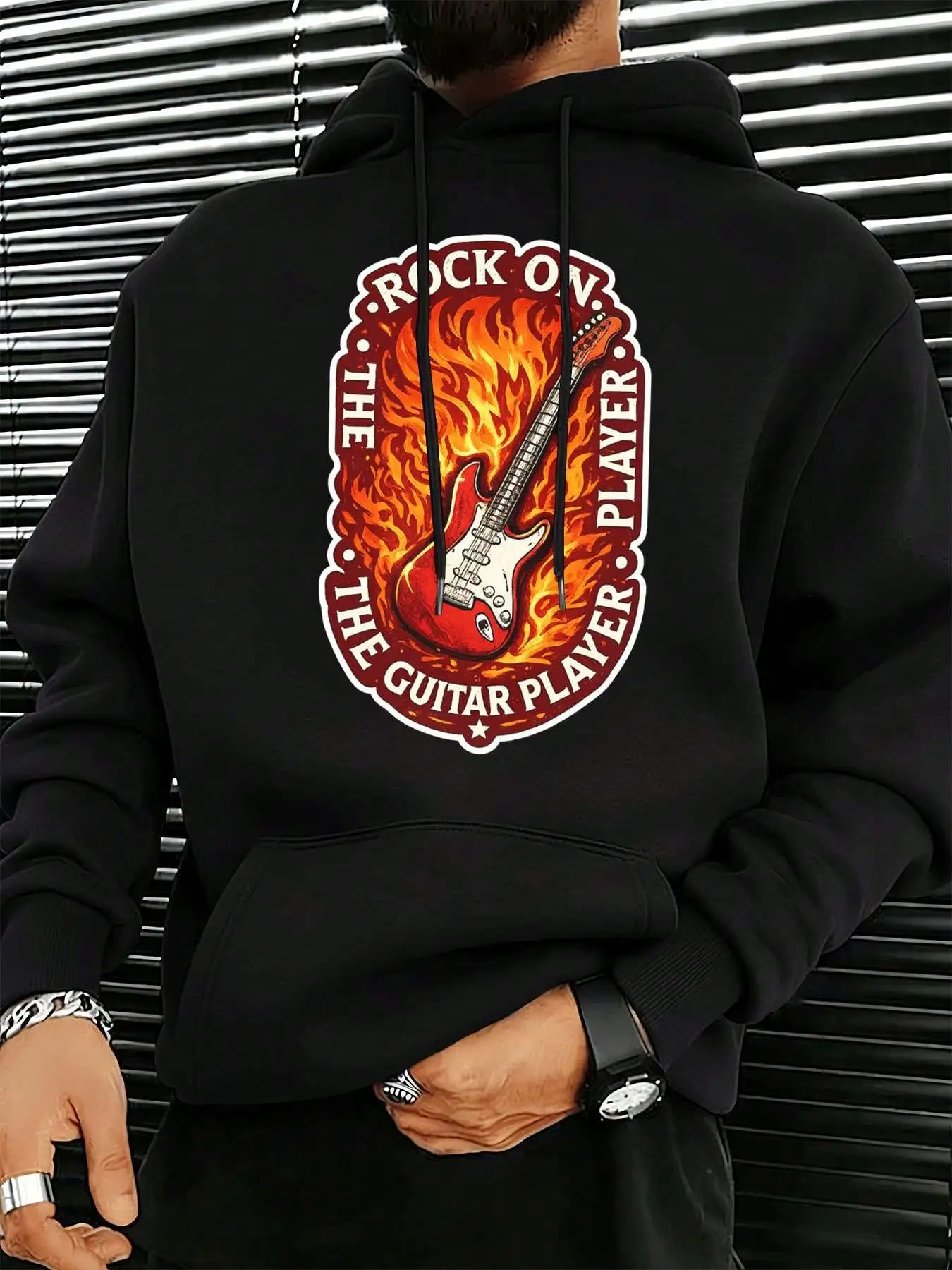 Mens Casual Pullover Hoodie, Rock On The Guitar Player Retro Flame Electric Guitar Back‑Side Graphic Print Hooded Sweatshirt, Loose Fit Long Sleeve Hoody With Pocket For Rock Music Lover Street Daily Wear