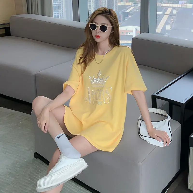 

Wind Ins Heavy Industry Sequined Short Sleeved T-shirt Summer New Style Lower Body Missing Western Loose Large Size Top Women