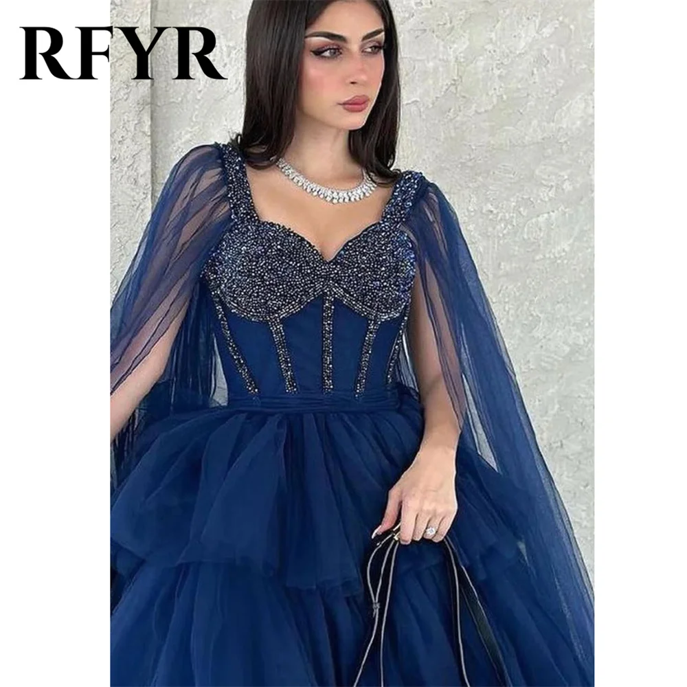 RFYR Elegant Royal Blue Prom Dress Swetheart Tulle Evening Dress Bead Appliques Tiered فستان سهرة Long Cape Sleeves Party Dress