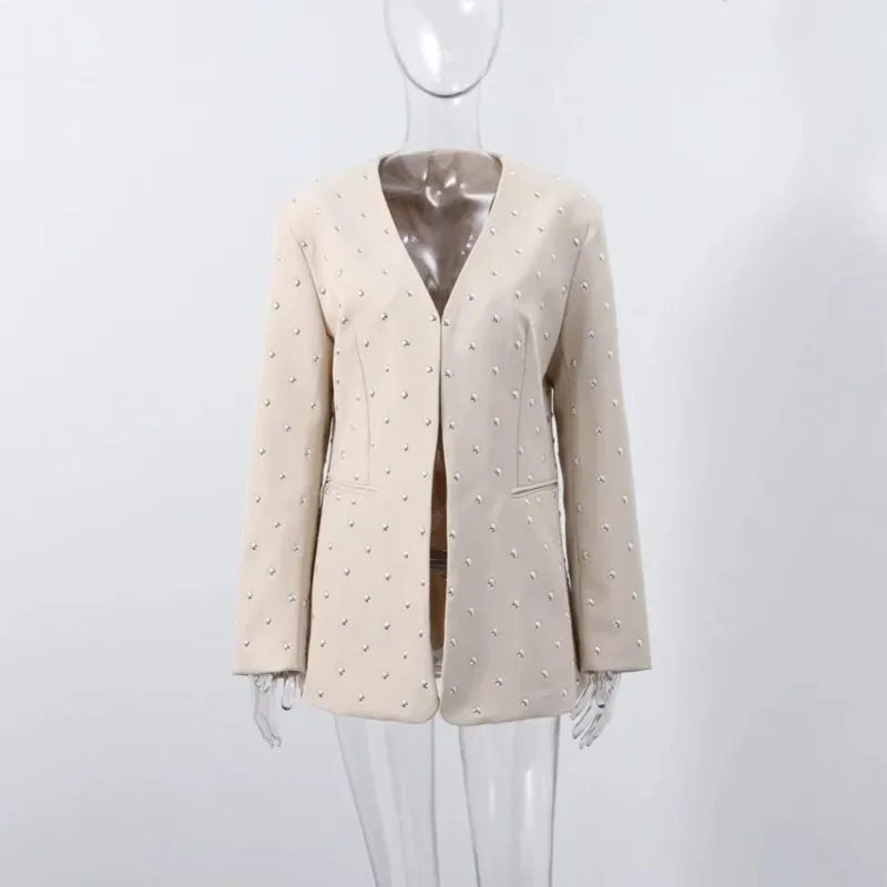 エレガントなブレザーコート女性オフィスレディファッション V ネックポケットオーバーサイズスーツジャケット 2025 春の新作シックなカジュアルルーズアウター