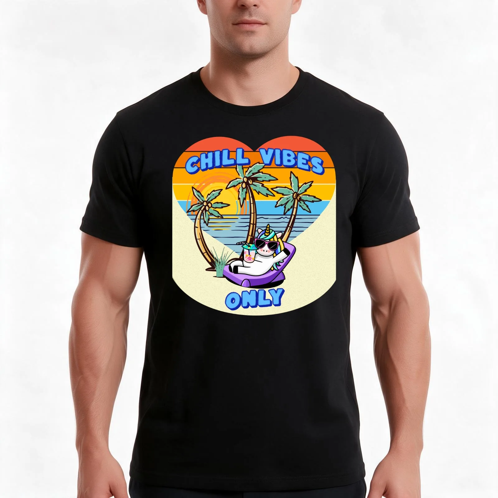 Chilled Vibes Only Rainbow Unicorn T-Shirt, Summer Casual Cotton Tee, Oversized Streetwear Tops, Vintage Graphic Print