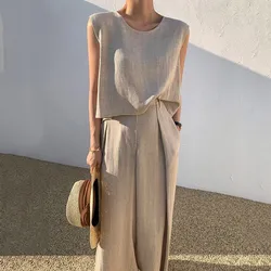 Summer Simple Cotton Blend Women's Set Sleeveless O-neck Tank Top Wide Leg Pants Two Piece Sets Women Outfits Loose Home Wear