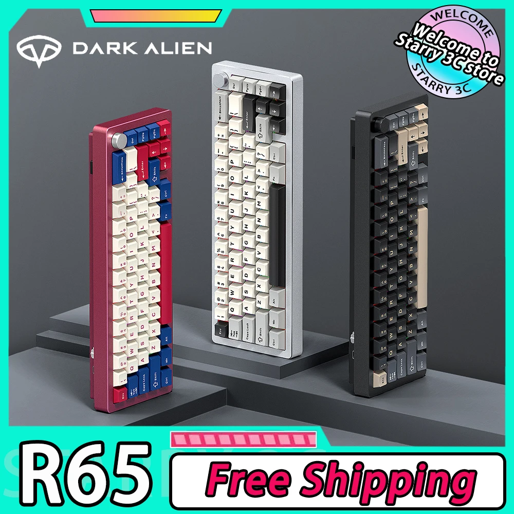 

Механическая клавиатура DARK ALIEN R65 из алюминиевого сплава, Беспроводная игровая клавиатура с тремя режимами RGB, CNC, Hot Swap, для настольного ПК, офисные подарки