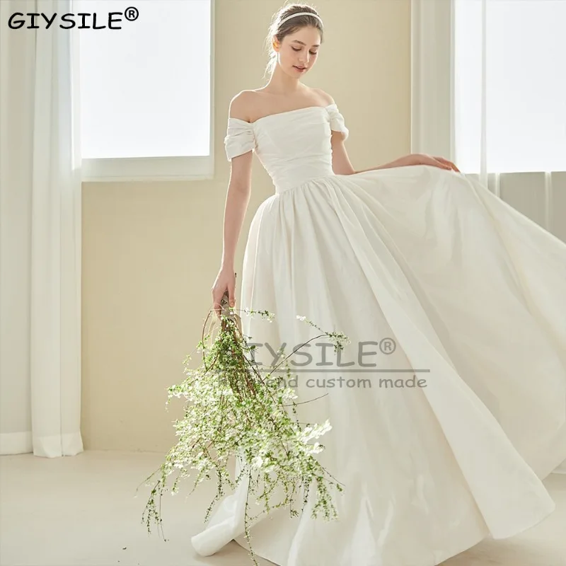 GIYSILE مخصص العاج الأبيض الساتان مزاجه فستان الزفاف الخفيف الرجعية واحدة الكتف حزام بسيط الظهر المرأة الرسمية أنيقة