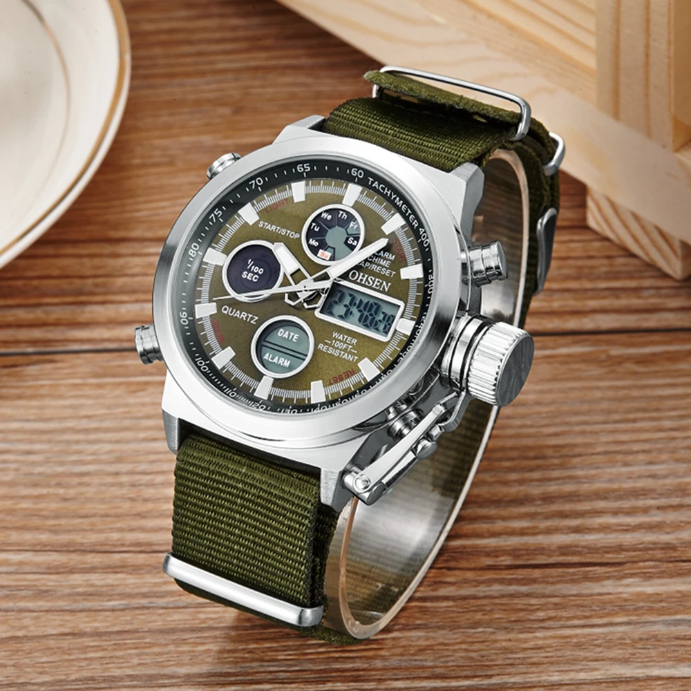 Fashion Sport Quartz Watch Men Dual Time Waterproof Military Wristwatch Green Tactical Digital Watches Alarm Clock reloj hombre