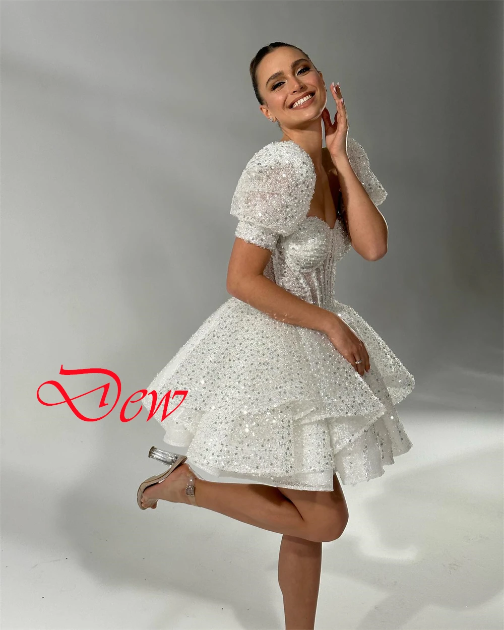 Vestido de novia elegante personalizado con lentejuelas de Organza blanca, exquisitos vestidos de novia de manga corta sin tirantes y manga desmontable