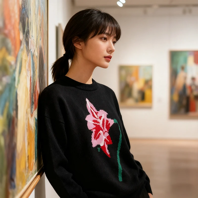 

Винтажный топ большого размера в стиле Харадзюку, женские пуловеры, свитера, цветной цветок, модная вязаная уличная одежда с круглым вырезом