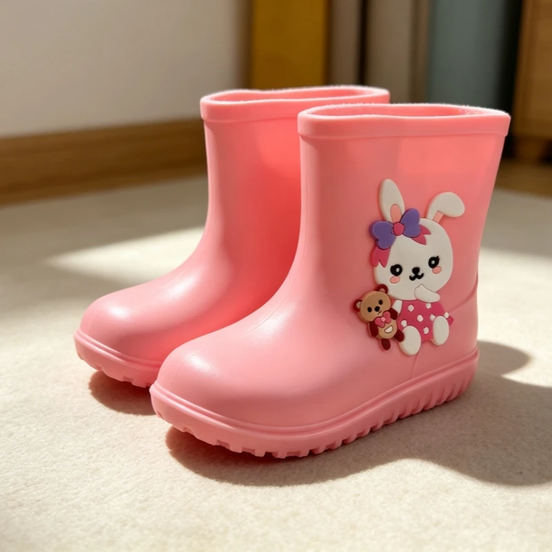 A Pair of Cute Rabbit Rain Boots for Girls, New Summer Style, Lightweight Casual Pink Cartoon Shoes, Waterproof and Wear-Resista
