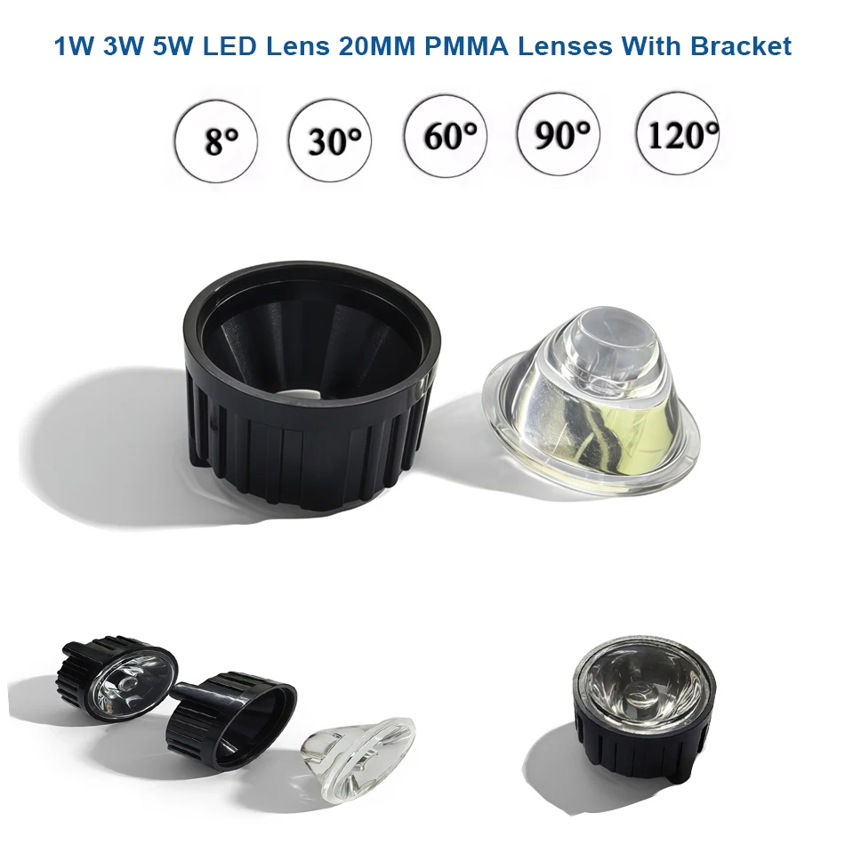 High Power 1W 3W 5W LED Lens 8/30/60/120 Degree Screws Holder 20MM PMMA Lenses For 1W 3W 5W High Power LED Lamp Light