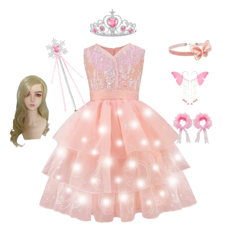Girls Glinda Costume the Good Witch Pink Princess Cake Dress Kids Stage Performance Clothes Halloween Birthday Party Dress
