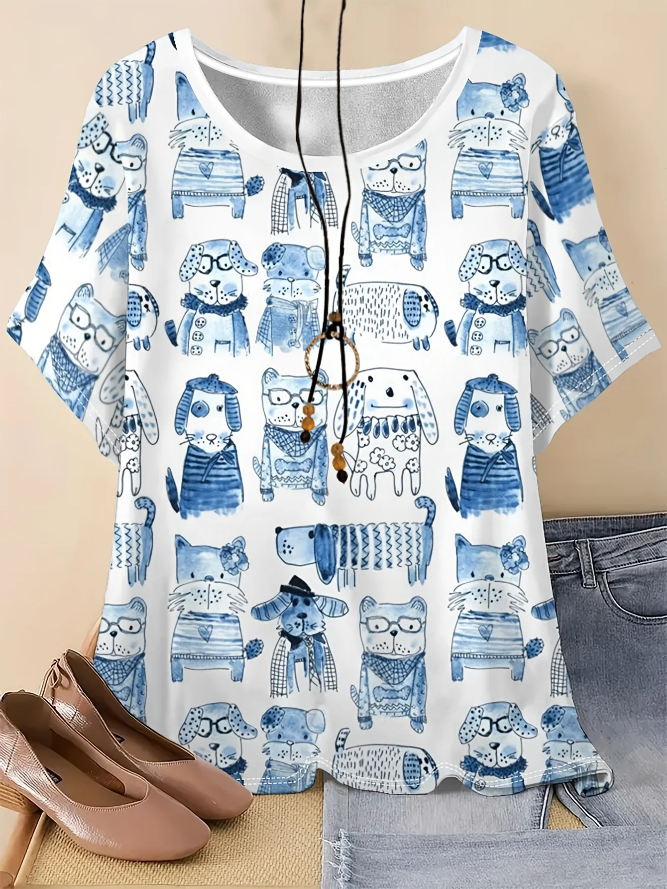 Women's O-Neck T-shirt Drawn Cartoon Cat Dog Full Print Short Sleeve Top Casual Loose Cute Animal Daily Street Ladies Clothing