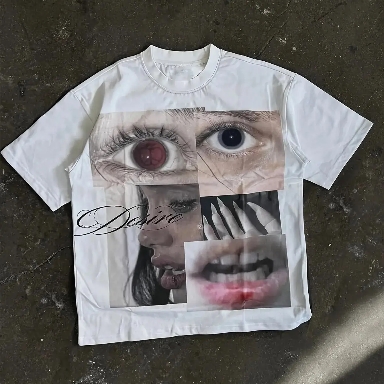 Cross Eyed Fang Collage T-shirt Y2K High Street Ops Vintage Casual Streetwear Dark Style Short Sleeve O Neck Print Tops Unisex