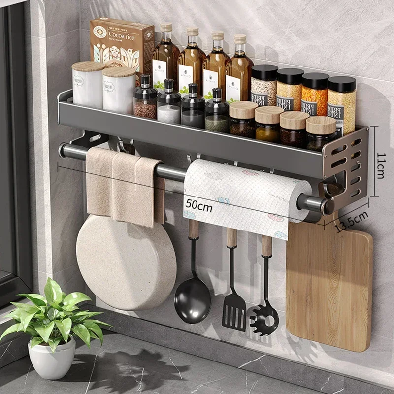 Stylish Wall-Mounted Kitchen Condiment Rack with Storage Box Multifunctional Household Utensil Rack with Oil Vinegar Dispenser