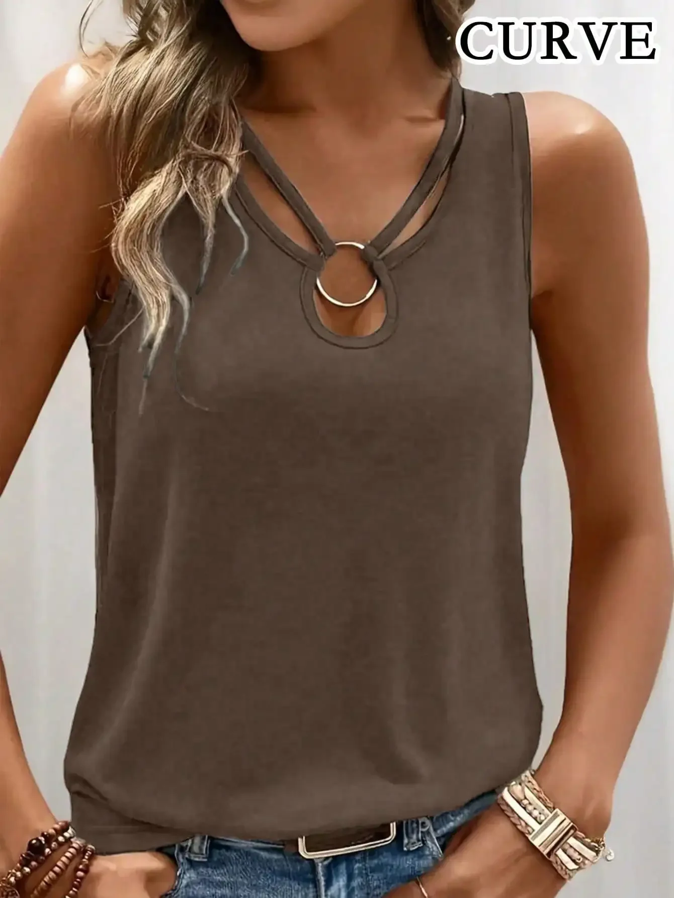 Tank Top Tanpa Lengan Warna Solid Fashion Wanita Ukuran Besar 1XL-5XL Atasan Kerah V Musim Panas Tank Top Kasual Wanita