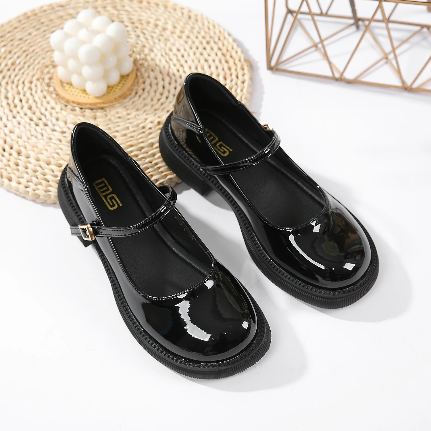 Thick-soled Mary Jane shoes round head 2024 summer new low-heeled flat shoes women's small leather shoes College style