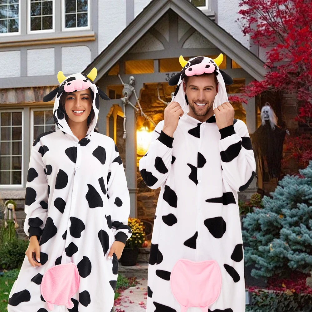 

Adult Cow Onesie Pajamas For Men and Women Cozy Homewear Halloween Christmas Animal Cosplay Costume Winter Soft Hooded Jumpsuits