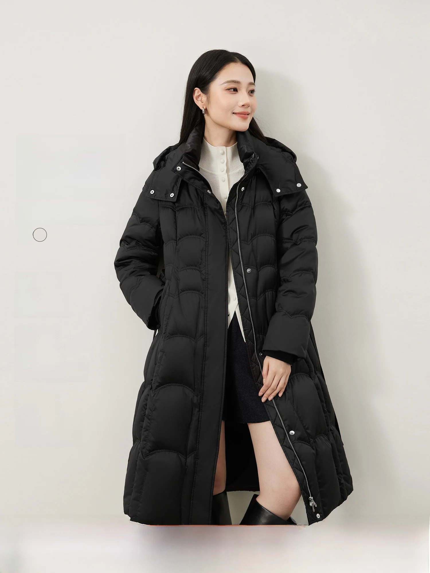 

Ele Online Faionable Lightweight 90 White Goose down Coat A-Line Hooded Waist-Cinching Over-Knee Long Women's Jaet