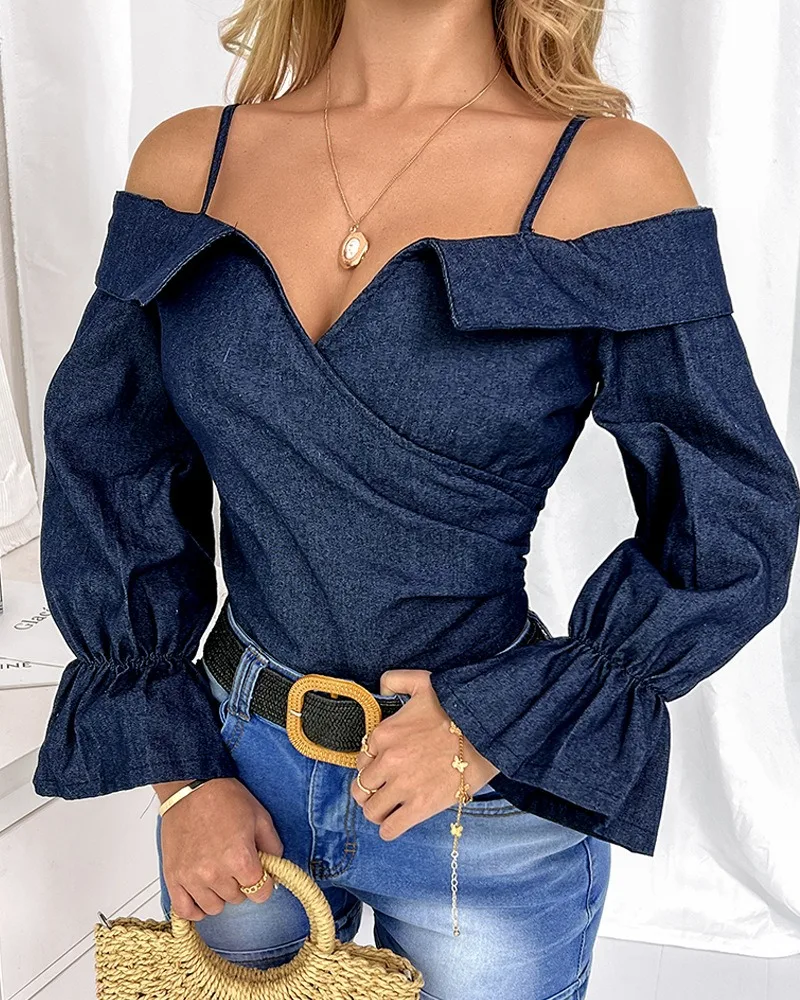 Summer Women Top Fashion Off Shoulder Drop Long Sleeve Blouse Chic Elegant Shirring Tops