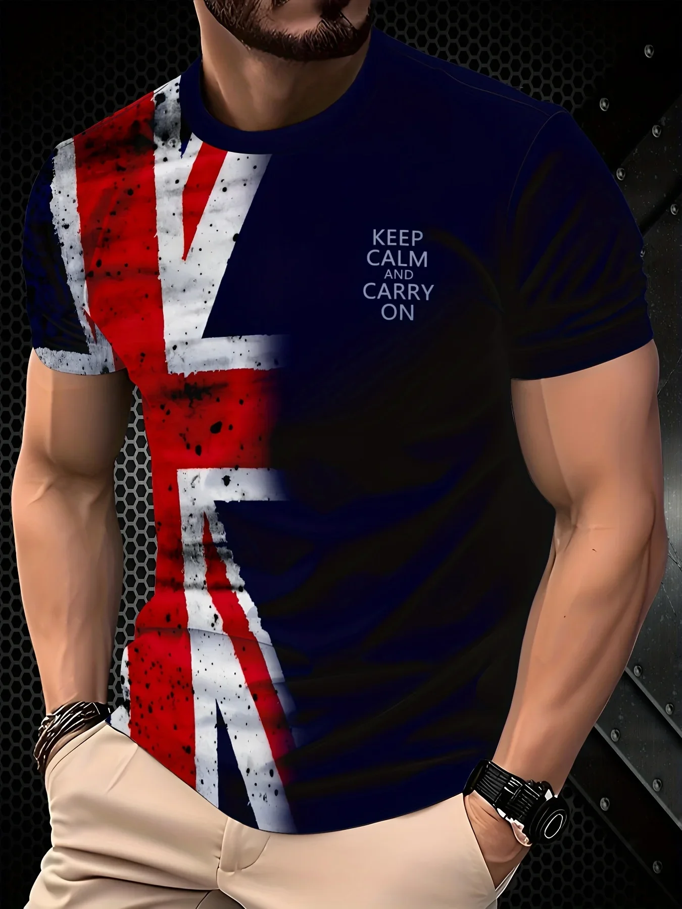 تي شيرت رجالي برسومات Union Jack الوطنية - تصميم "Keep Calm Carry On" باللون الأزرق الداكن مع طباعة كاجوال بأكمام قصيرة باللونين الأحمر والأبيض