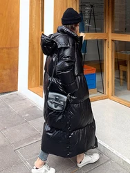 KBAT Fashion addensare inverno con cappuccio giacca lunga allentata nero lucido Parka cappotto donna donna antivento antipioggia caldo capispalla