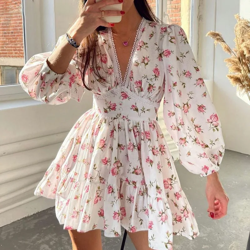 

2024 Flare Long Sleeve Swing Dresses Pleated Lacing Ruffle Bohemian Mini Dress Floral Printing V Neck Summer Outfits For Women